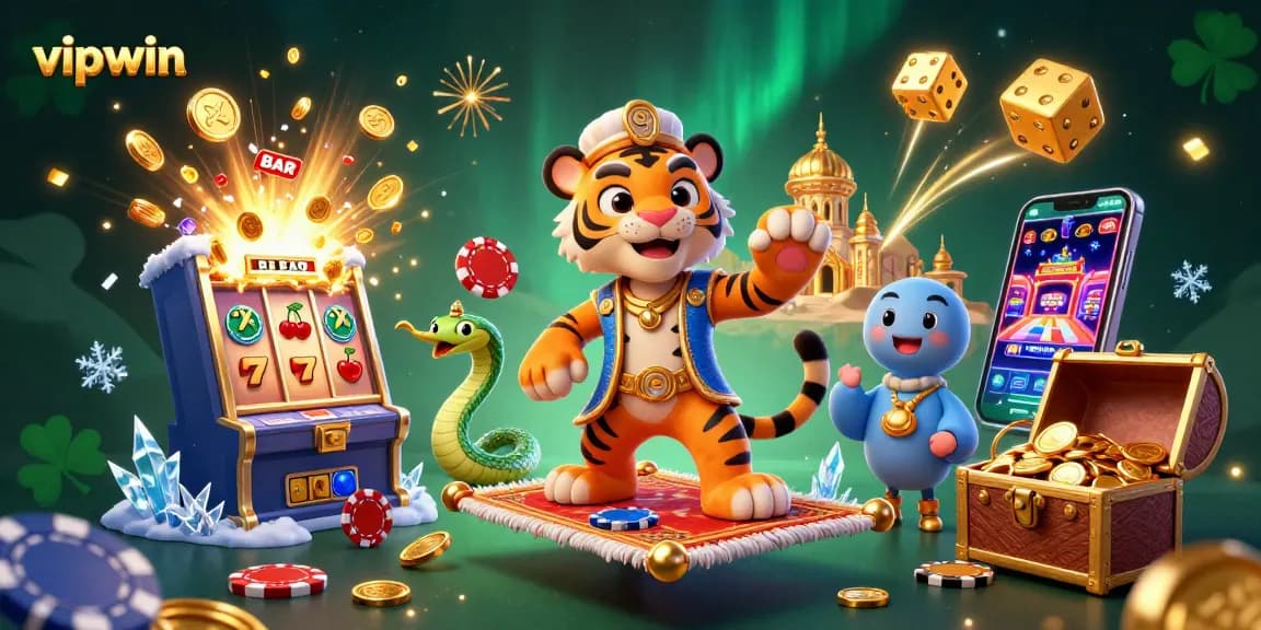 Experience the thrill of vipwin with dynamic casino games, slot excitement, and jackpot bursts in an engaging illustration.