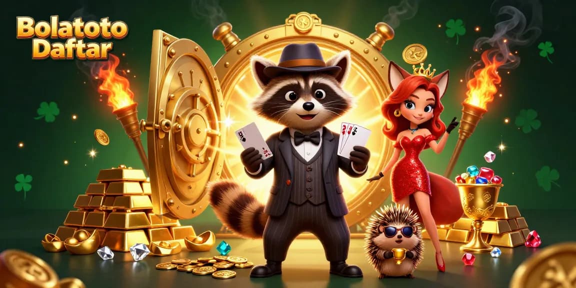Engage with Bolatoto Daftar featuring a suave raccoon, a glamorous fox, and a hedgehog bouncer in a luxurious casino setting.