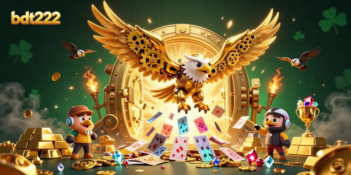 Experience the excitement of bdt222 with a dynamic illustration of a golden eagle among casino treasures and playing cards.