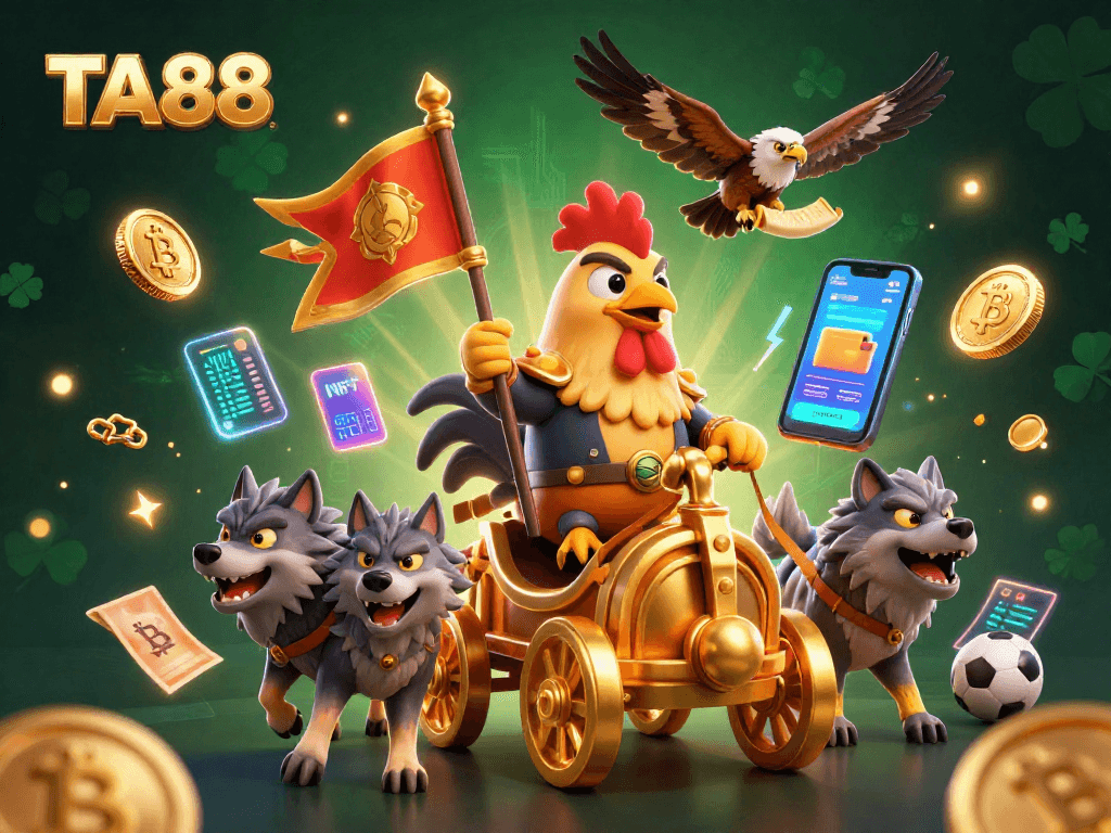 Experience thrilling gaming adventures with TA88's vibrant casino illustration featuring crypto elements.