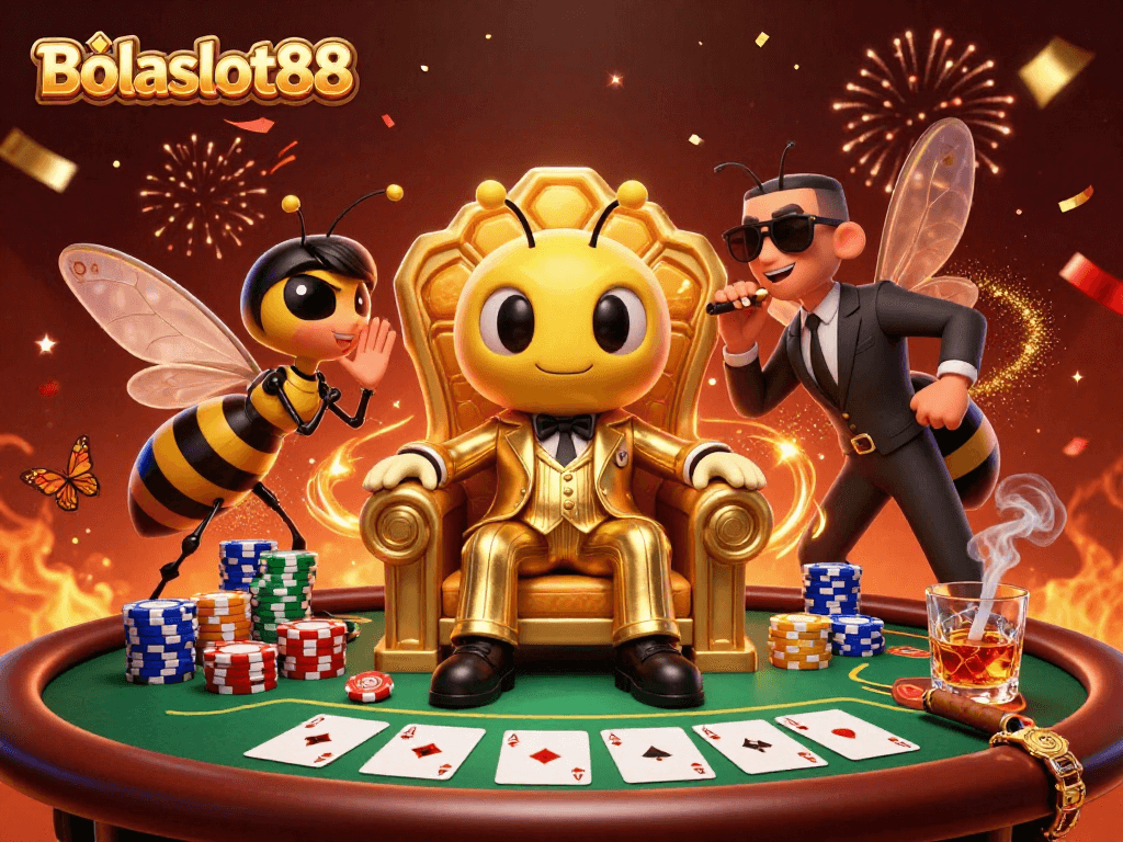 Bolaslot88 showcases a vibrant 3D casino scene with a bumblebee mob boss and poker elements