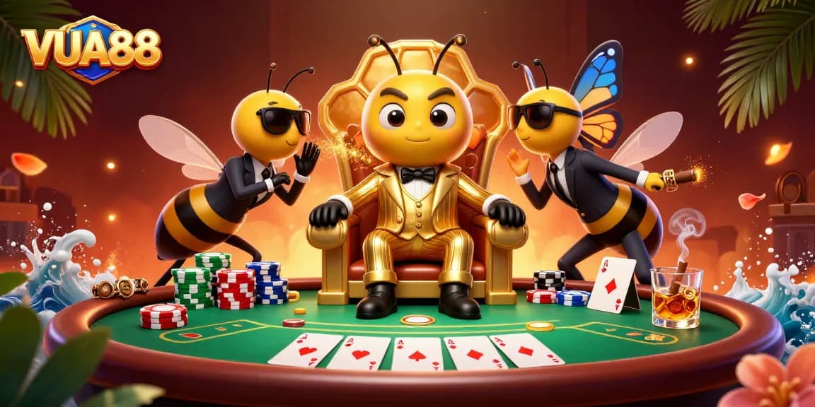 Experience VUA88 with an energetic bumblebee mob boss negotiating at a lively poker game.