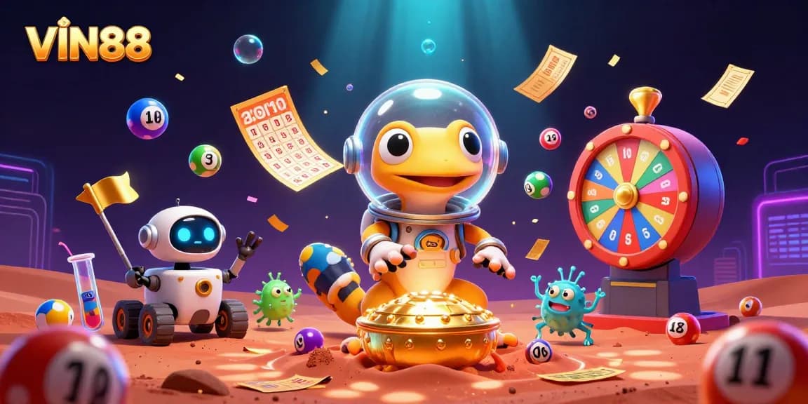 Experience the thrill of winning with VIN88 amidst vibrant casino elements in a dynamic Martian scene.