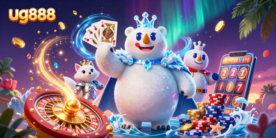 Experience the thrill of online gambling with ug888 as vibrant coins and gems fly around engaging characters.