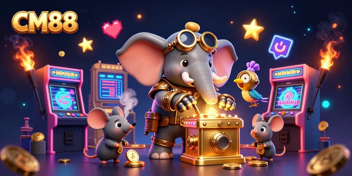 CM88 features a steampunk elephant engaging in dynamic casino action with colorful arcade elements.