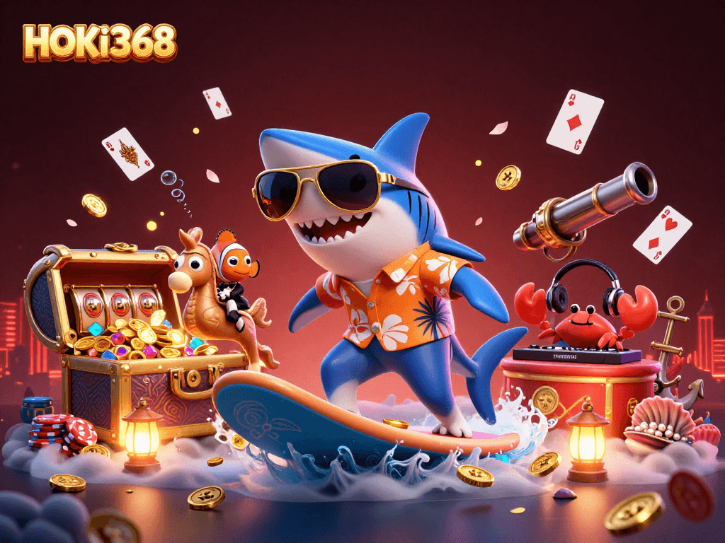 Experience HOKI368's thrilling online casino adventure with a vibrant underwater scene featuring animated characters.