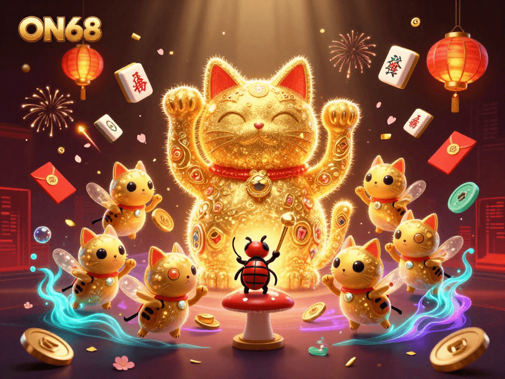 Experience the vibrant casino world with ON68 showcasing a lucky cat amidst dazzling symbols.