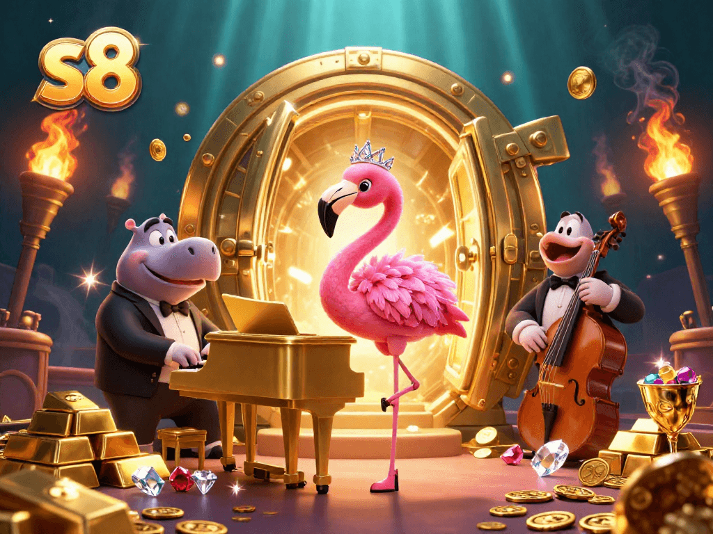 S8 highlights the vibrant energy of casino gaming with colorful characters and dynamic treasures.