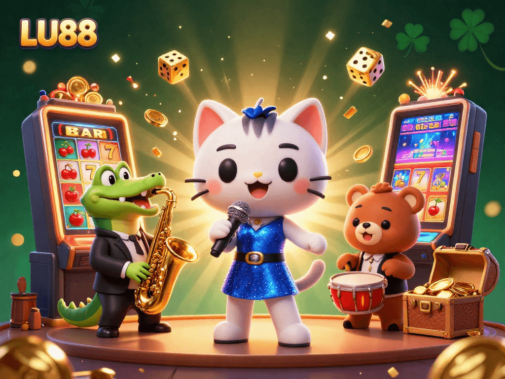 LU88 showcases excitement with a cartoon jazz-singer cat, saxophone crocodile, and drum-playing bear amid lavish casino elements.