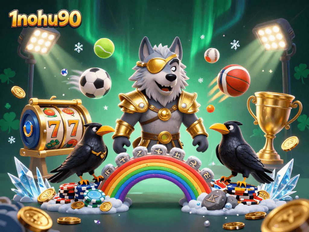 Experience the thrilling slots at 1nohu90 with Odin and his ravens amidst dynamic gambling elements.
