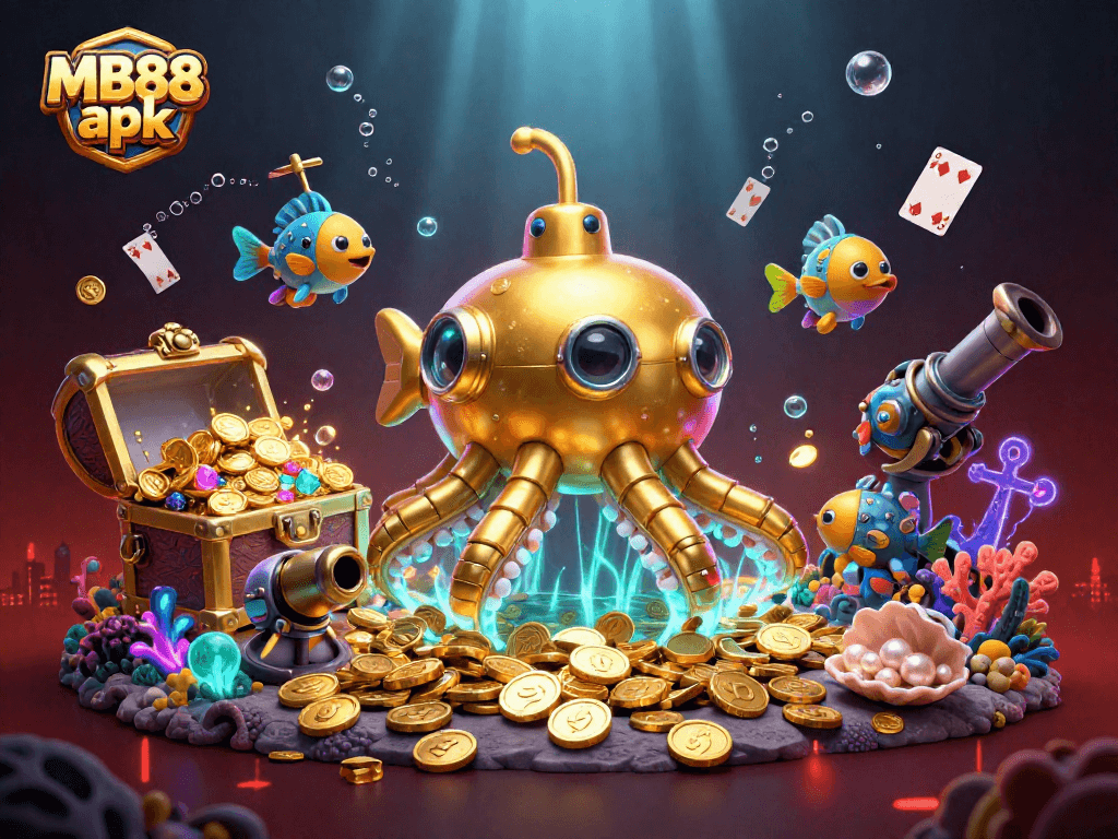 Experience the thrill of winning with MB88 apk, featuring vibrant casino elements in a dynamic underwater scene.