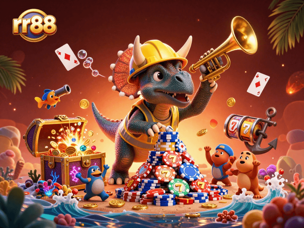 rr88 showcases an exciting scene of a triceratops and friends celebrating poker chip achievements.