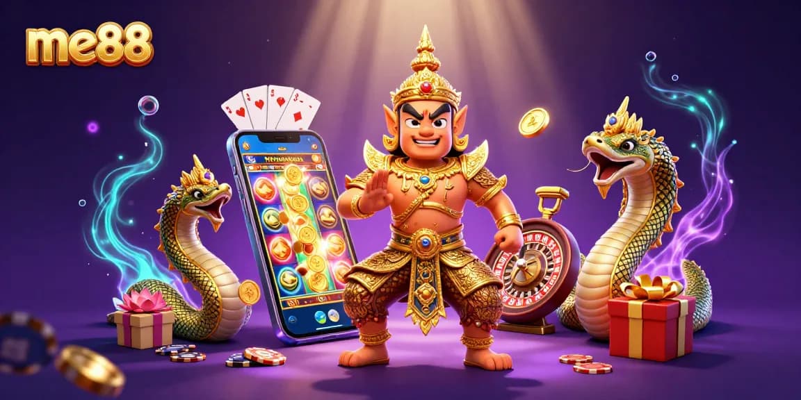 Experience excitement with me88 as you spin slots and win prizes in this vibrant casino scene.