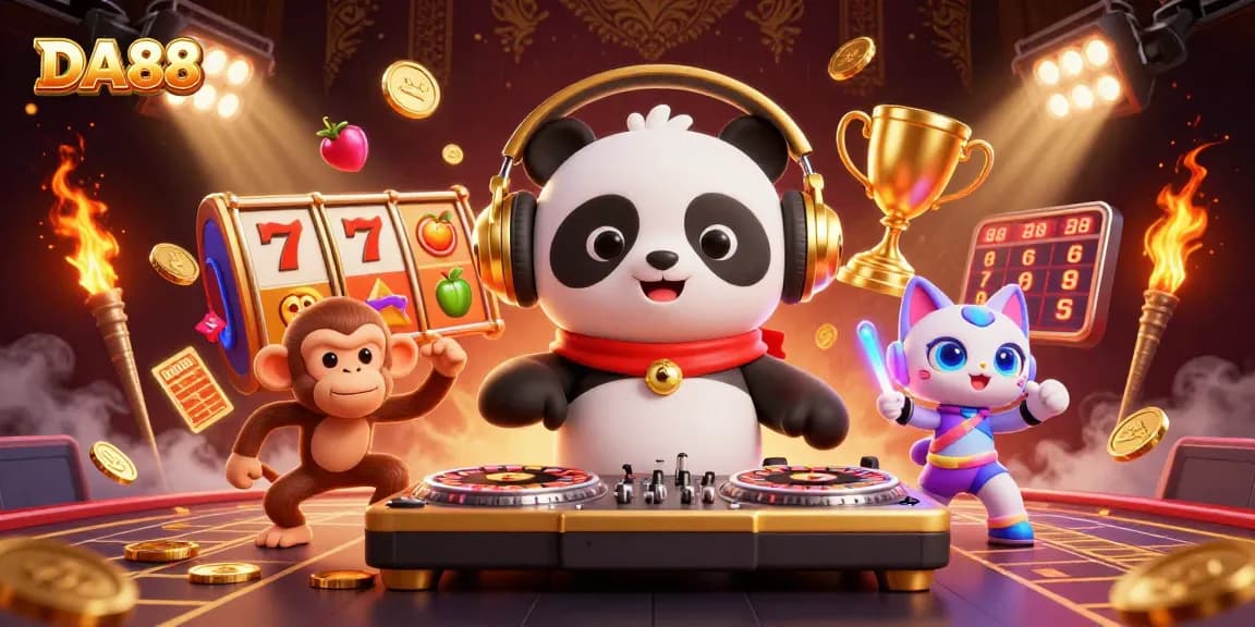 DA88 players enjoy spinning slots and jackpots in a vibrant cartoon casino atmosphere.