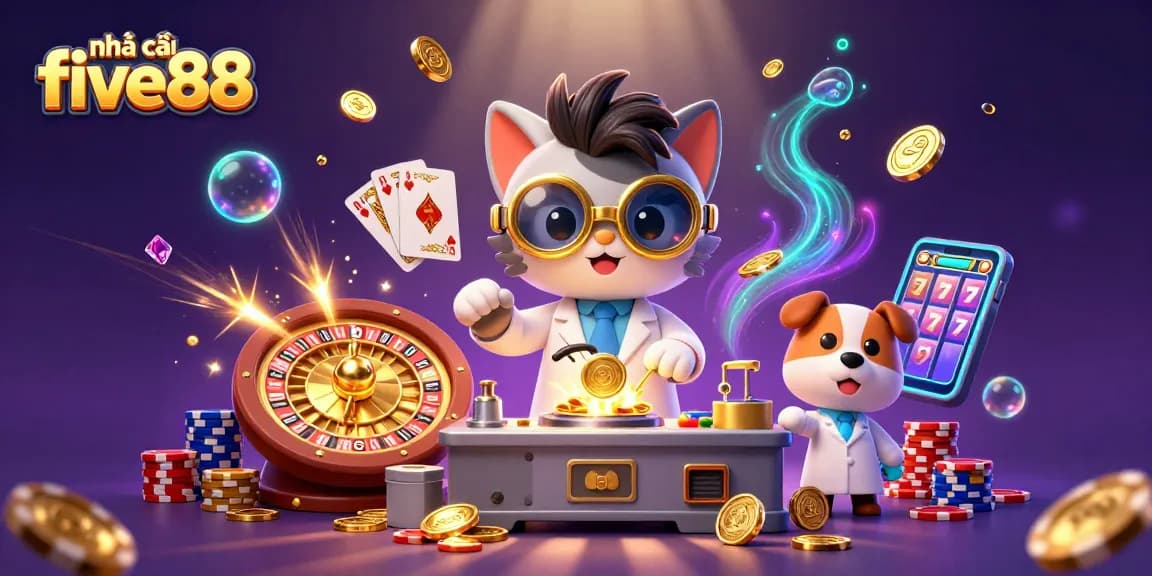 Engage with nhà cái five88 in style, showcasing a lively casino scene with vibrant 3D characters and game elements.