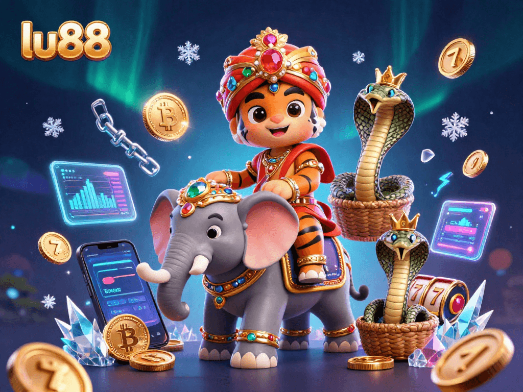 Experience thrilling action at lu88 with a vibrant casino scene featuring a cartoon tiger and elephant.