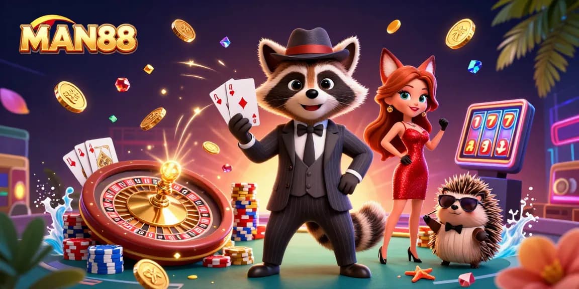 Experience thrilling gameplay at MAN88 with a raccoon in a suit and a charming fox, showcasing casino excitement.
