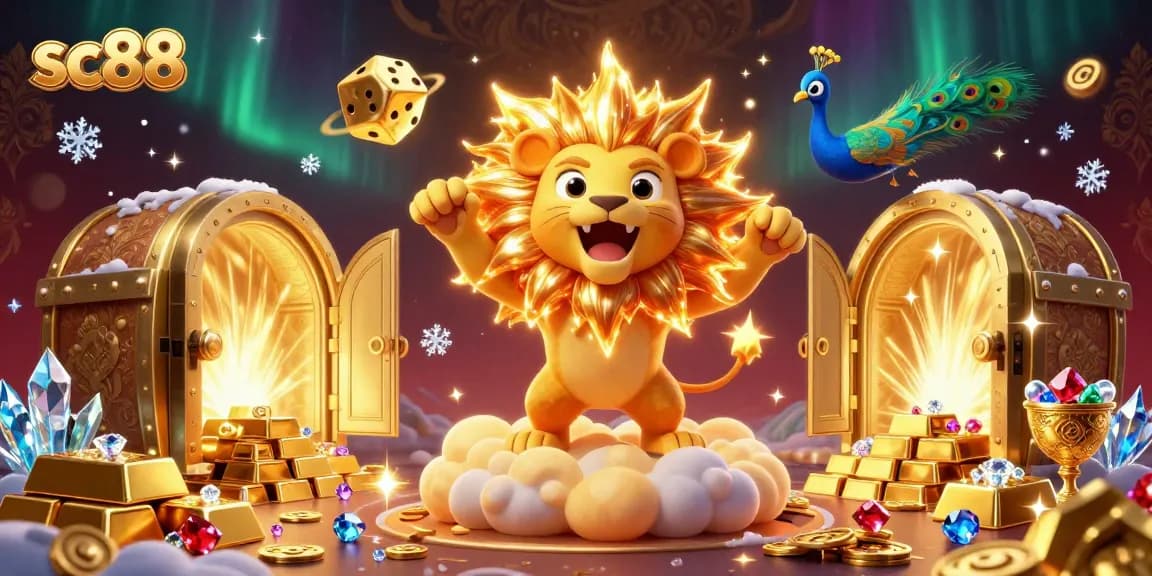 Experience excitement with sc88's vibrant 3D casino scene featuring a roaring lion and dynamic golden dice.