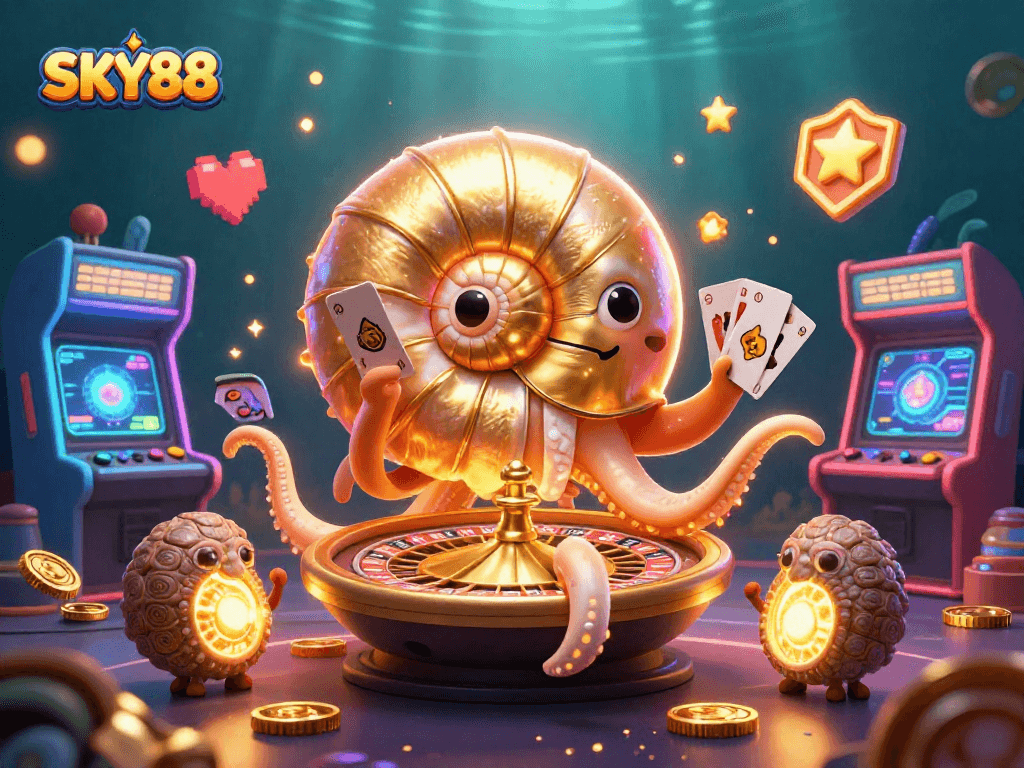 SKY88 captivates players with a vibrant 3D casino scene featuring a giant nautilus and glowing game elements.