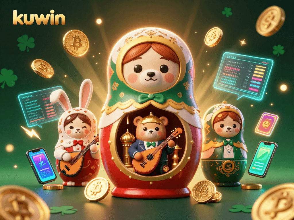 Kuwin casino experience with charming Matryoshka bears in a thrilling, illustrated gambling scene.