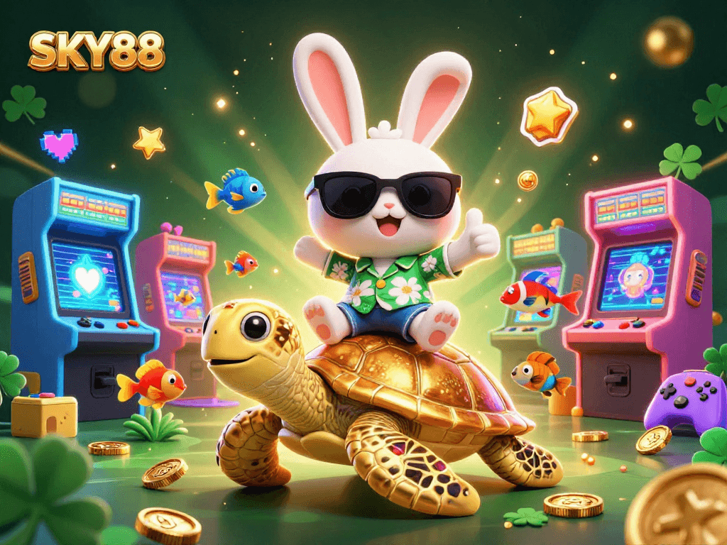 Engage with exhilarating games at SKY88’s vibrant casino, featuring a lucky rabbit and golden turtle in dynamic action.