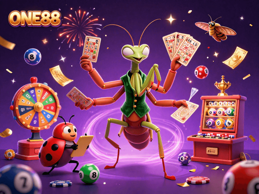 Experience thrilling gameplay at ONE88 with vibrant casino elements and exciting characters.