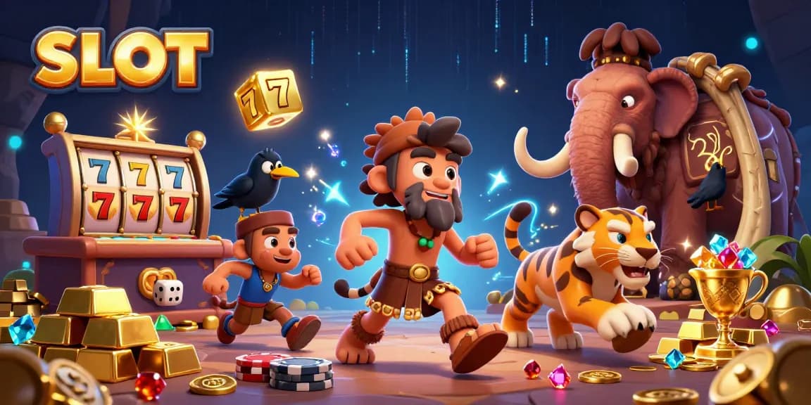 Permainan SLOT yang mendebarkan dengan karakter prasejarah dalam kasino kuno yang kaya akan harta.