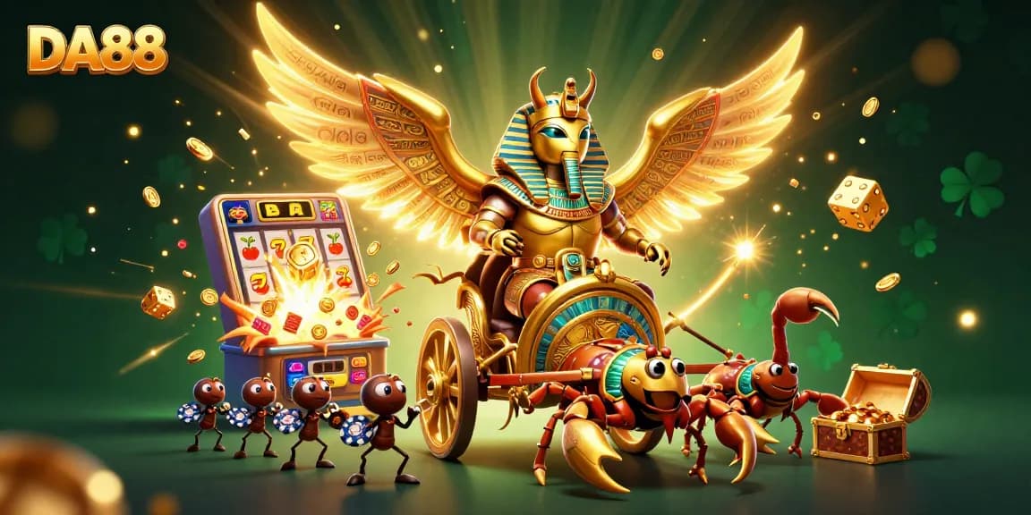 Engage with DA88's vibrant casino experience featuring dynamic characters and slot machine action.