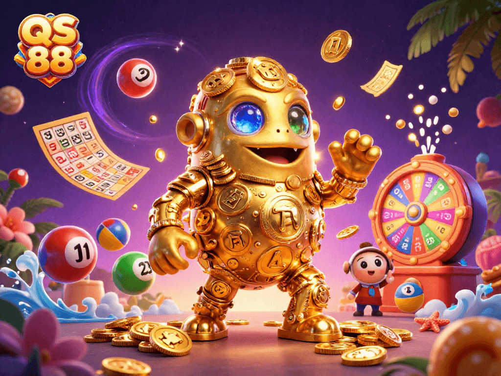 Experience the excitement of QS 88 with vibrant gaming elements in a dynamic casino scene.
