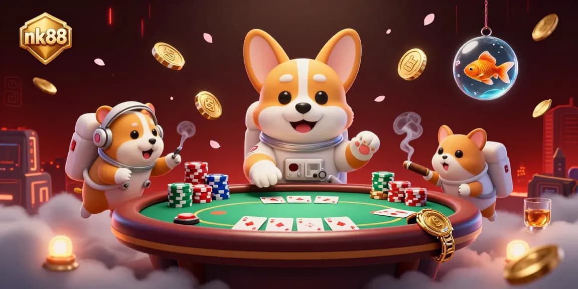 Experience the vibrant excitement of nk88 with a floating astronaut corgi in a space casino.