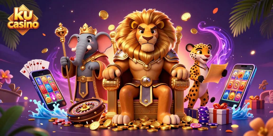 Experience rewarded play with ku casino, showcasing a lion king and vibrant slot games in an exciting casino scene.