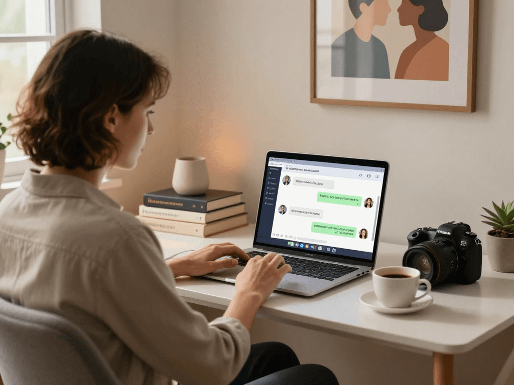 Engaging ai sex conversation with user interacting with AI chatbot in cozy workspace.