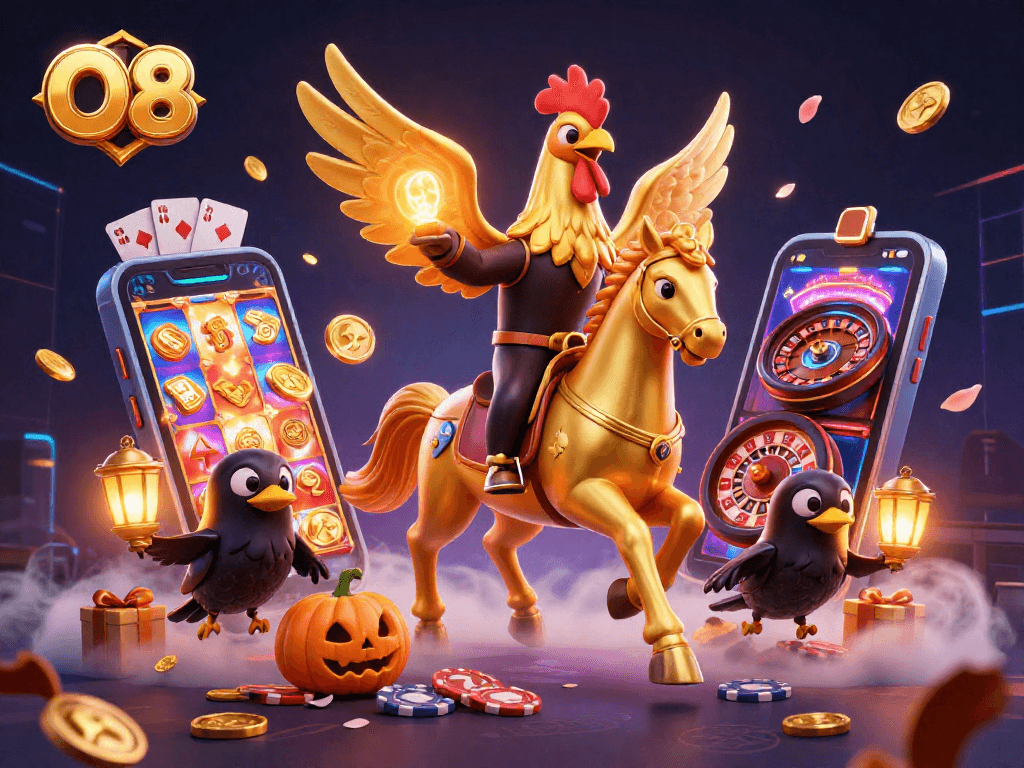 Engage in thrilling gameplay with O8's vibrant casino scene featuring a golden rooster and fun gaming elements.