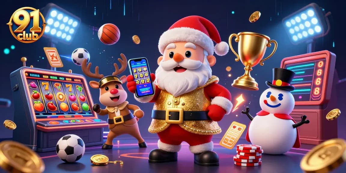 Engage in exciting gameplay at 91 club with a dynamic casino scene featuring festive characters and vibrant gaming elements.