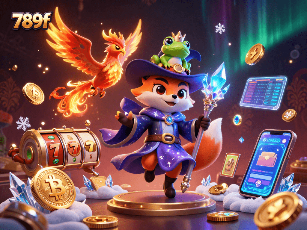 Immerse in the thrilling world of 789f with a wizard, phoenix, and jackpots in a vibrant casino scene.
