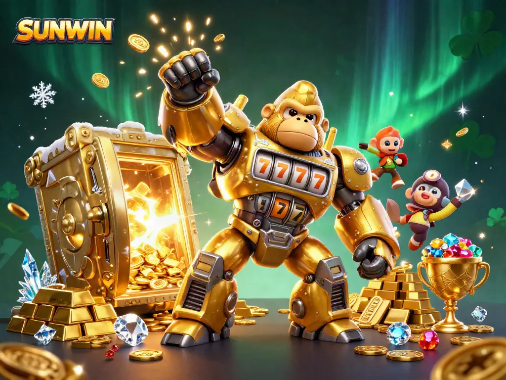 SUNWIN showcases a thrilling 3D gorilla mech celebrating big wins in a dynamic casino scene.