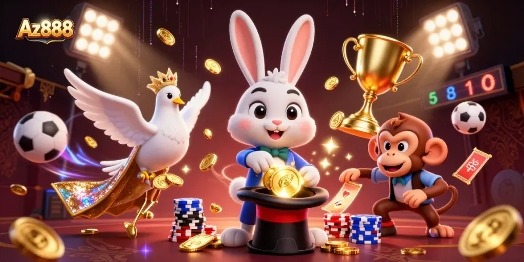 Engage with thrilling games at Az888, where a magician rabbit brings luck with golden coins.