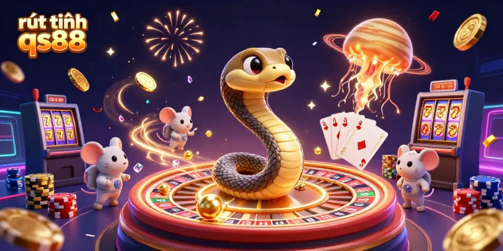 Experience rút tiền qs88 through an immersive 3D illustration of casino elements and cosmic characters.