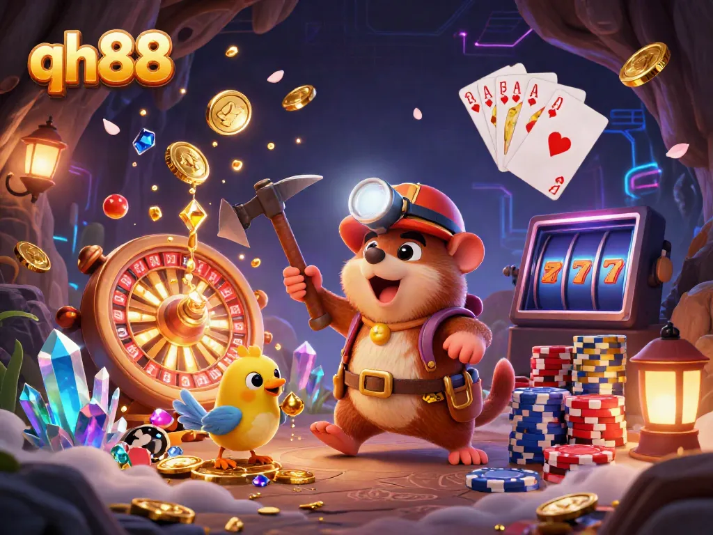 Engage with the exciting world of QH88's treasure hunting slots, featuring cascading coins and vibrant gems.