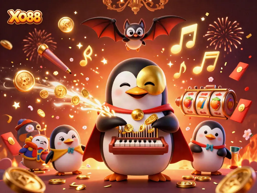 Engage in thrilling casino action with XO88, featuring a whimsical penguin and dynamic slot reels.