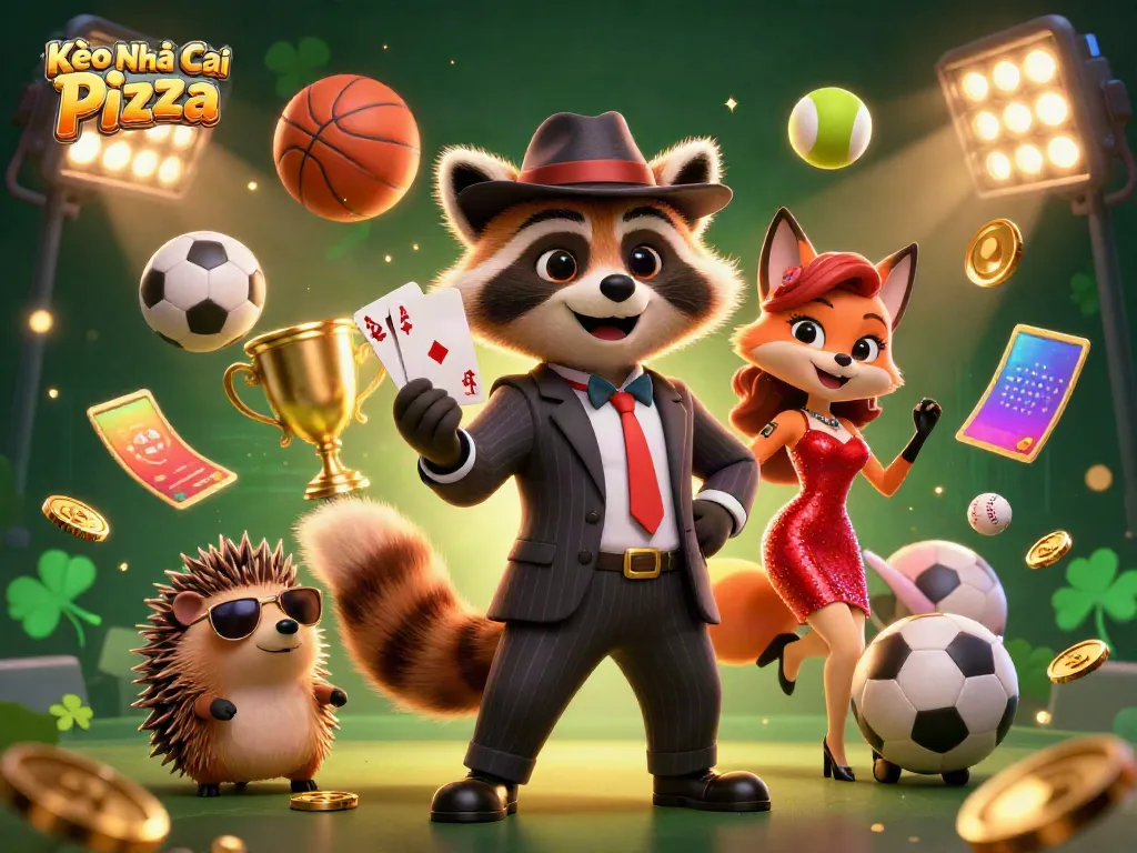 Kèo Nhà Cái Pizza showcases a dynamic gambling scene with cartoon raccoon, fox, and hedgehog surrounded by sports betting elements.