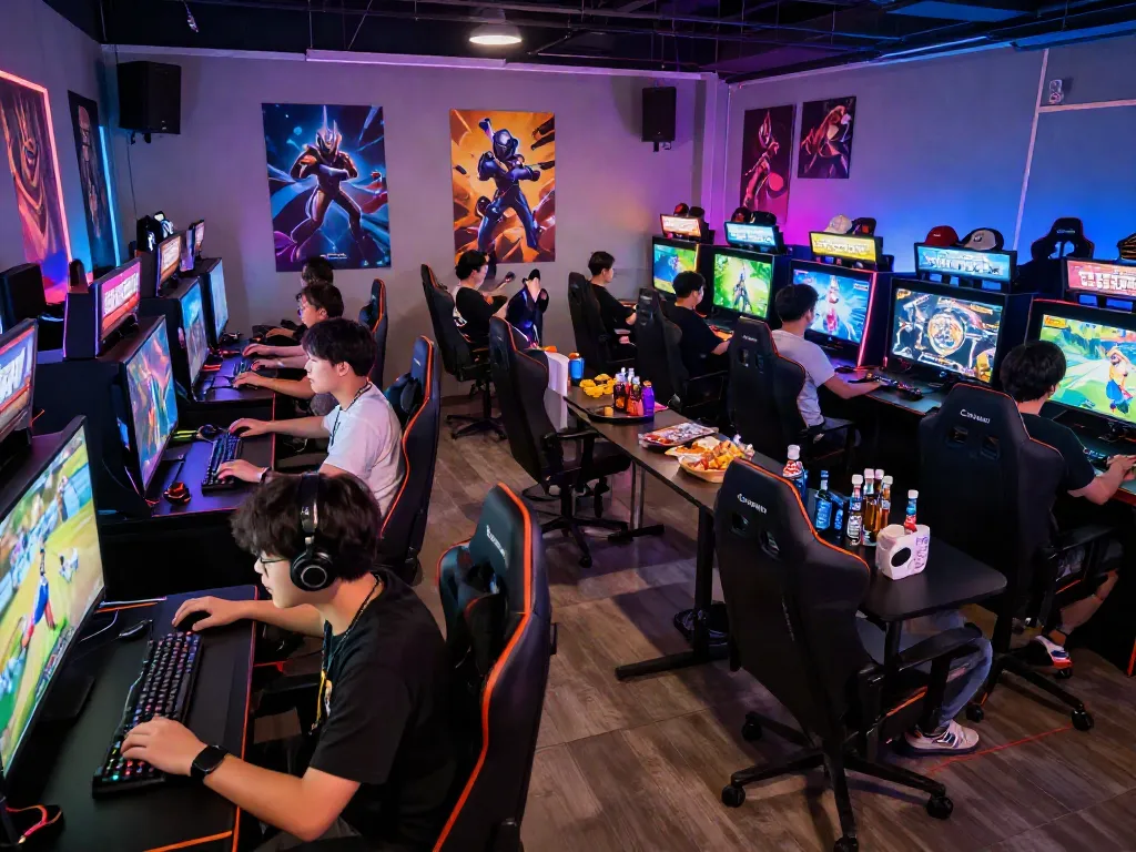 Exciting gaming community event showcasing warung168 with diverse gamers playing and enjoying a vibrant arcade atmosphere.