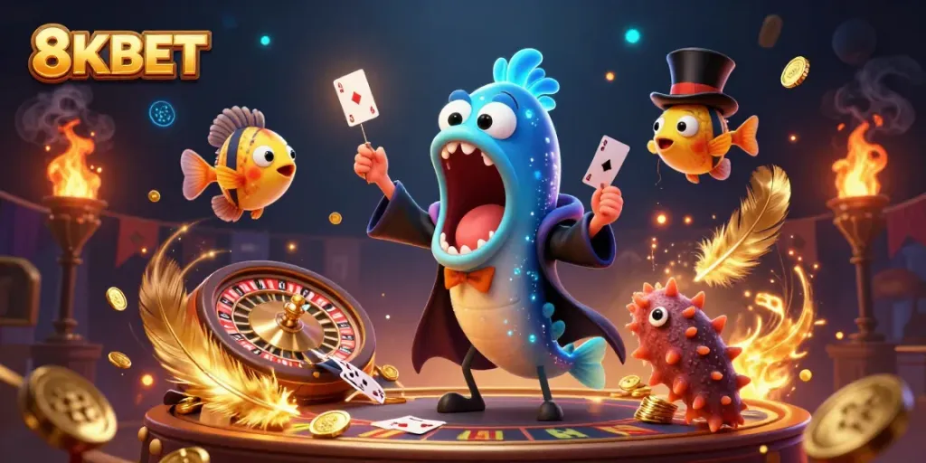 Engage with the vibrant casino magic scene of 8KBET, featuring a bioluminescent deep-sea eel performing card tricks.