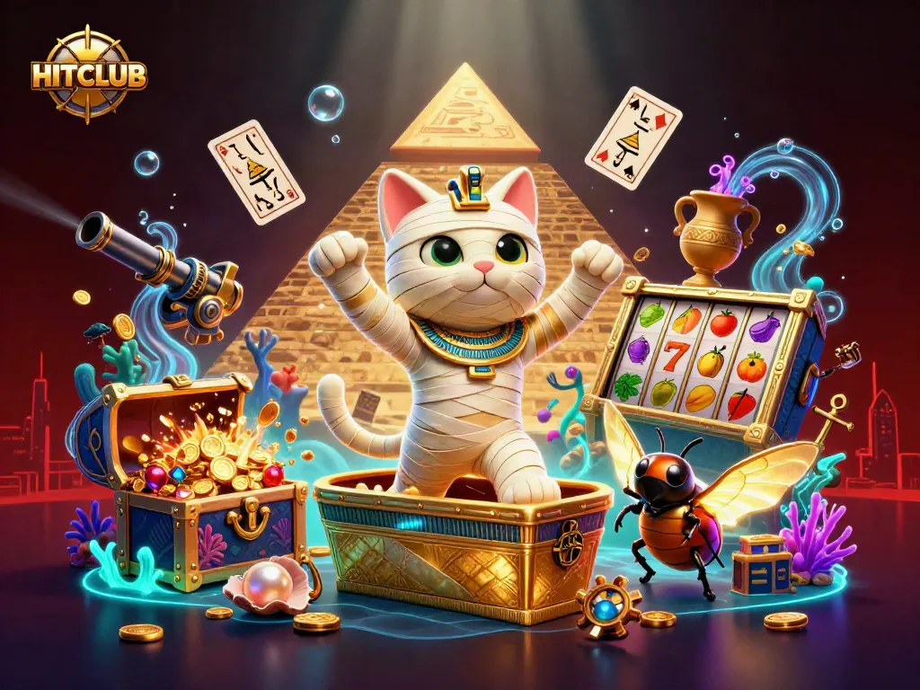 Engage with the HITCLUB gaming experience as the Egyptian mummy cat bursts out of a golden sarcophagus, surrounded by vibrant casino elements.