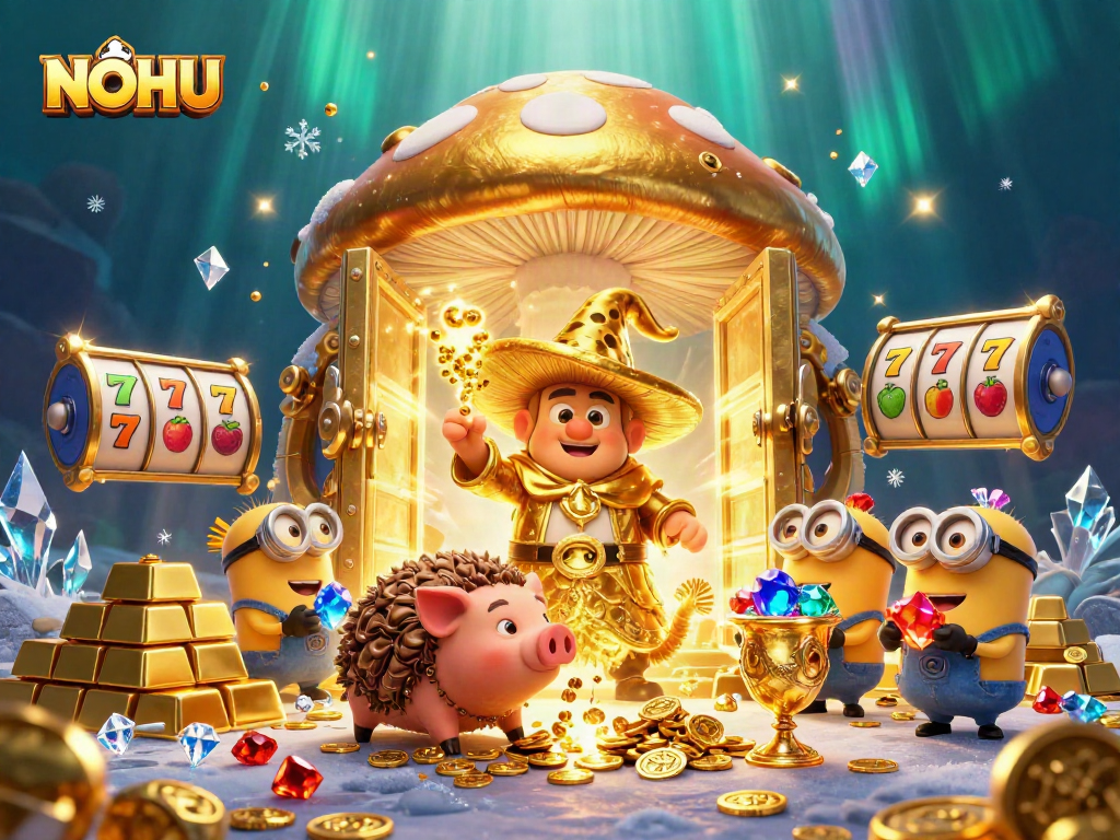 NOHU reveals golden gambling treasures as cartoon characters enchant with rich visuals.