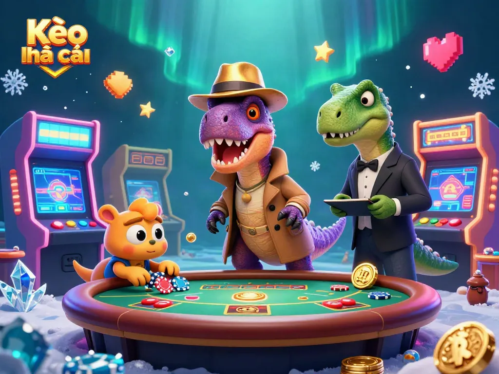 Experience Kèo nhà cái with this exciting scene of a velociraptor card counter and casino action.