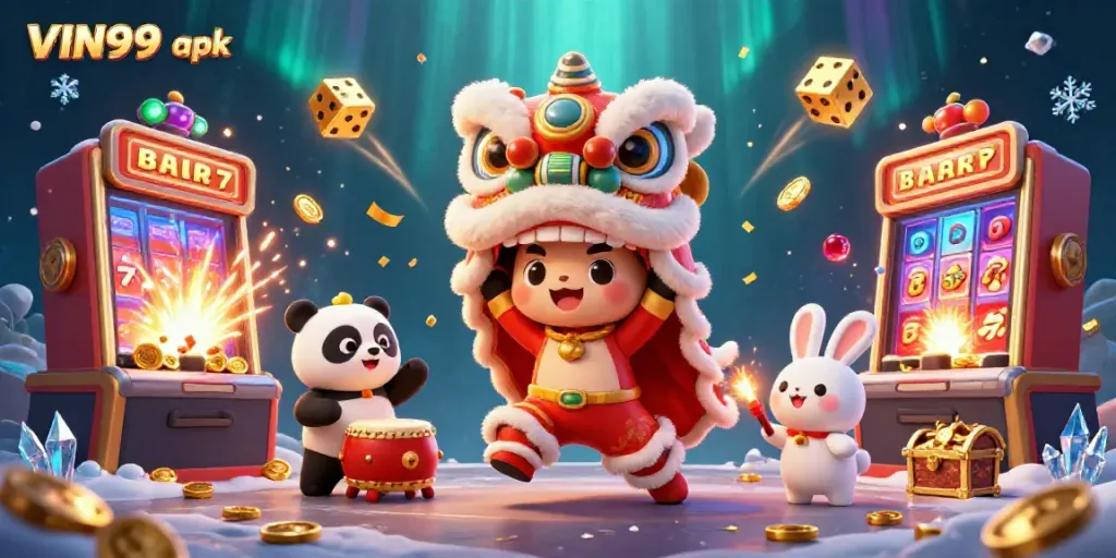 Experience the thrill with VIN99 apk in this vibrant casino-themed 3D illustration featuring colorful characters and jackpots.