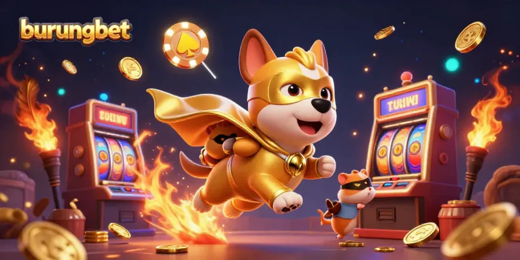 Ilustrasi burungbet yang menarik dengan anjing superhero dan slot mesin berkilauan di kasino.