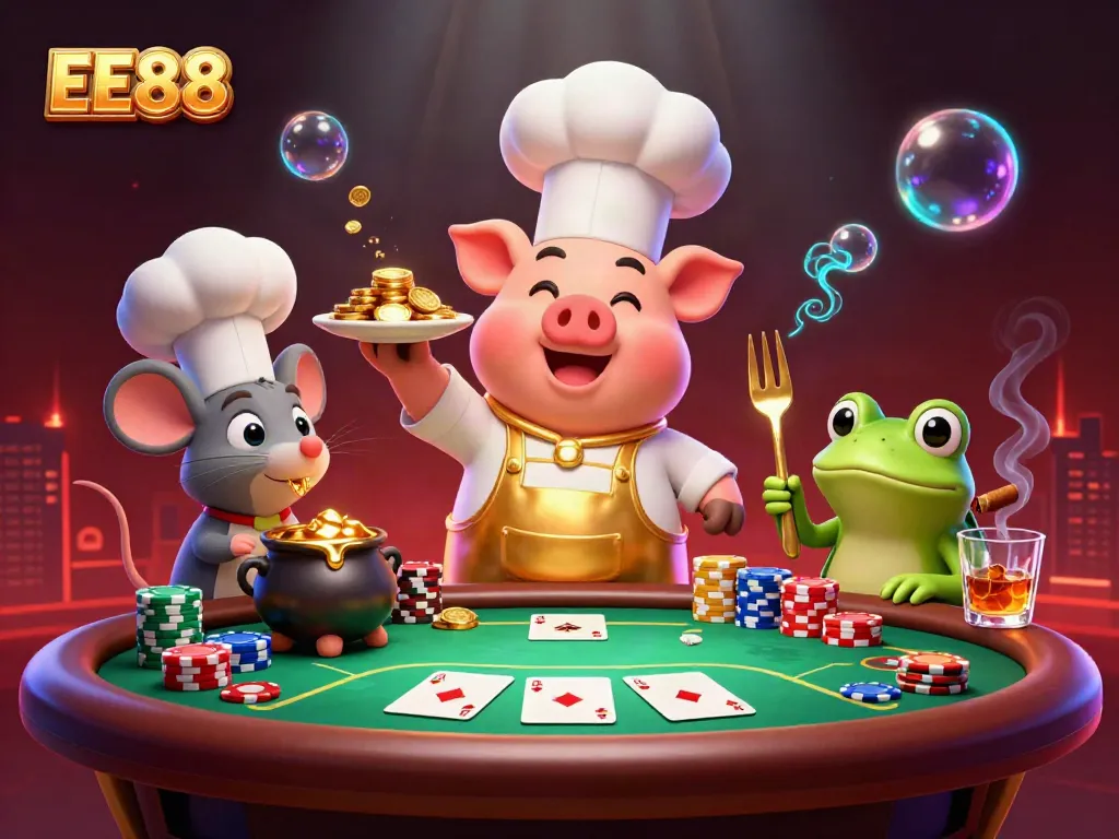 Experience the thrill of EE88 with a vibrant scene of a chef pig serving gold coins and poker elements.