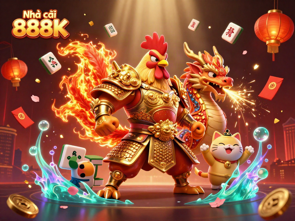 Engage with Nhà cái 888K in this vibrant 3D illustration featuring a fighting rooster and dragon in a dynamic casino-themed scene.